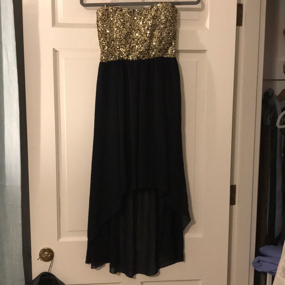 NWT Gold sequin and black high-low strapless dress
